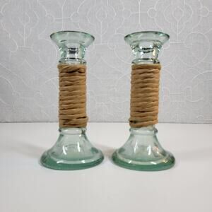 Vintage Glass Wrapped‎ Twine Candlestick Holders Rustic Primitive Home Decor